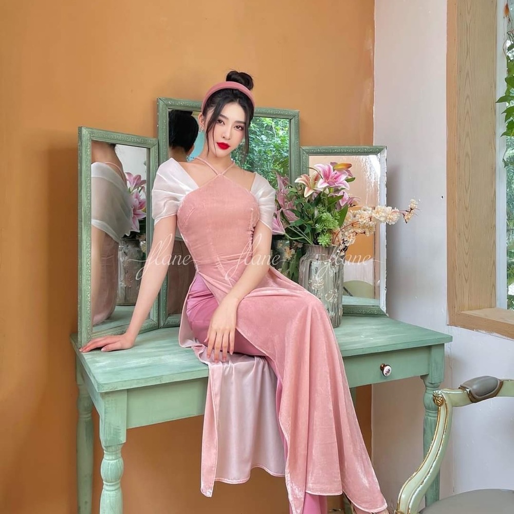 Pink velvet Vietnamese dresses